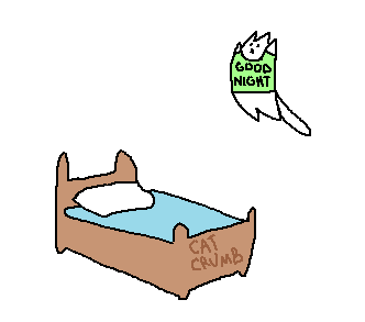 cartoon cat wearing t shirt saying 'GOOD NIGHT' launching itself into a bed