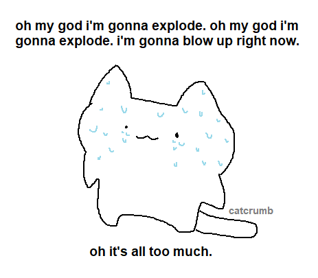 cartoon cat sweating nervously with caption 'oh my god i'm gonna explode. oh my god i'm gonna explode. i'm gonna blow up right now. oh it's all too much.'
