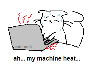 cartoon cat with overheating laptop with caption 'ah... my machine heat...'