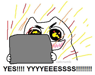 cartoon cat with huge eyes looking at laptop with brilliant rays of light coming out of it with caption 'yes!!!! yyyyeeessss!!!!!!!!'