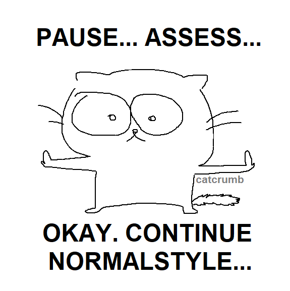 cartoon cat with big stressed eyes and paws pushed out with caption 'pause... assess... okay. continue normalstyle...'
